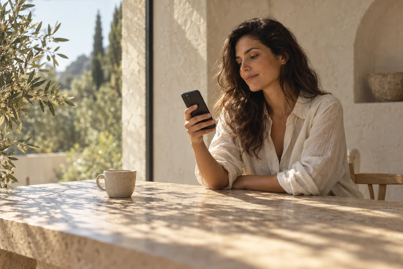 Pencere yanında telefonuyla gününe kısa bir ara veren kişi